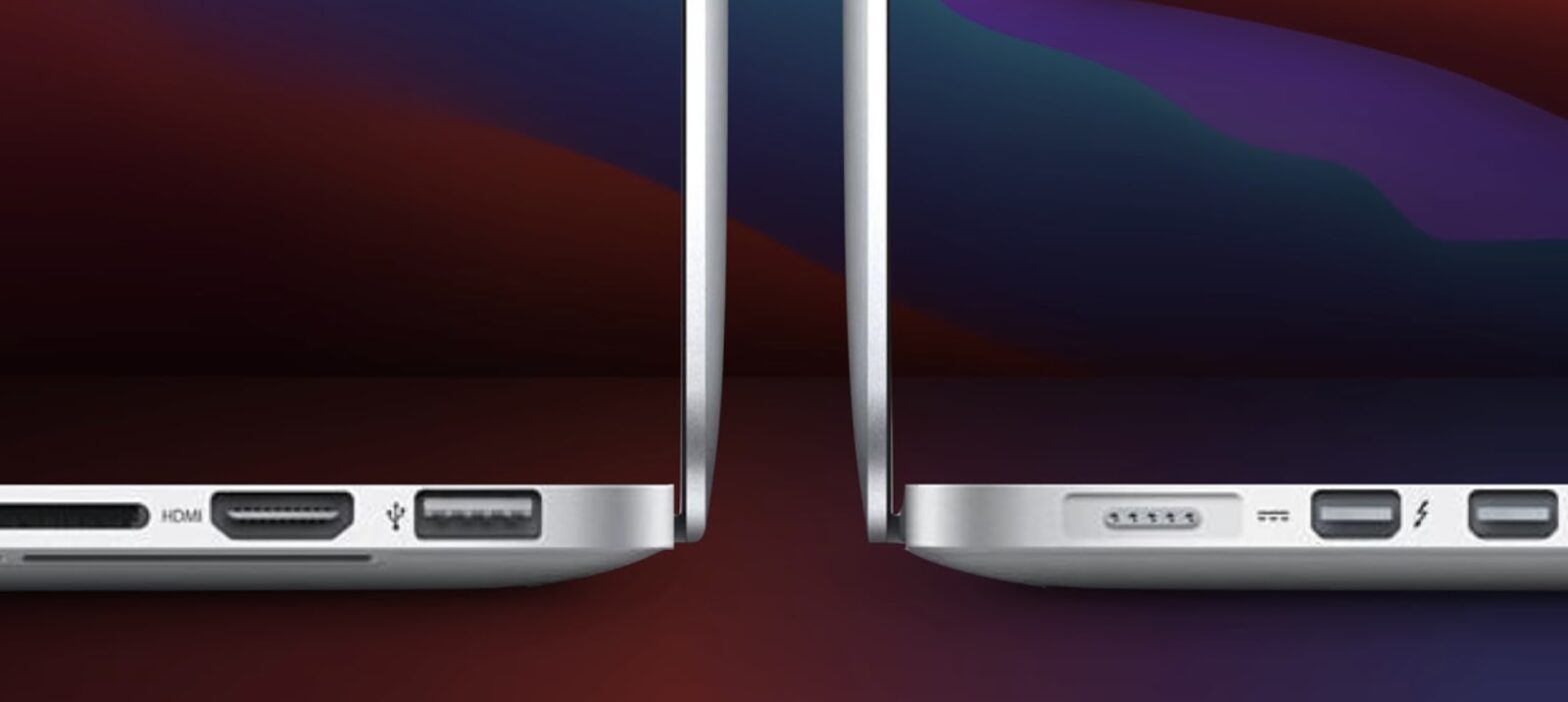 Side-by-side comparison of two laptop edges showing different port configurations