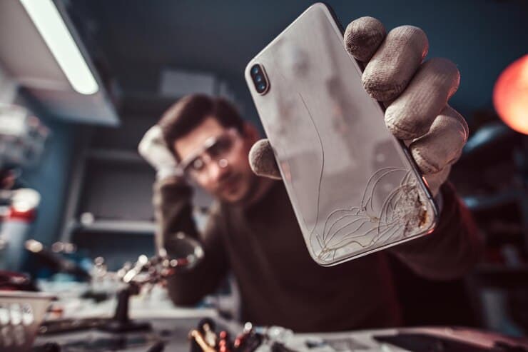 Man Showing Smartphone with Broken Body