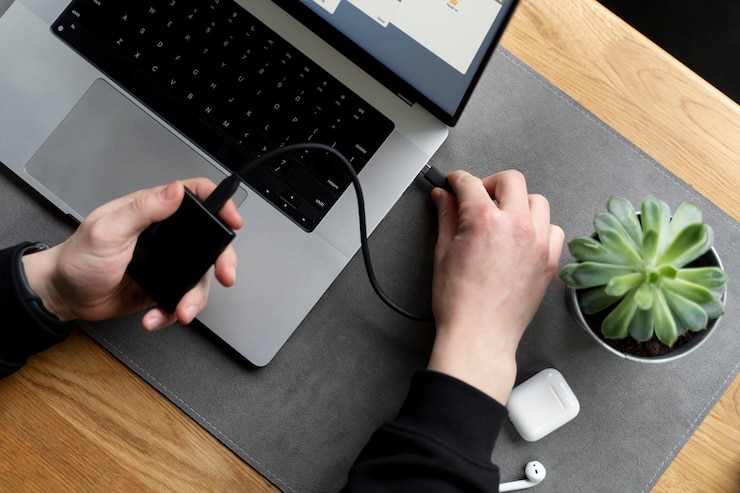 two hands connecting the power adapter to a MacBook, next to a small potted cactus