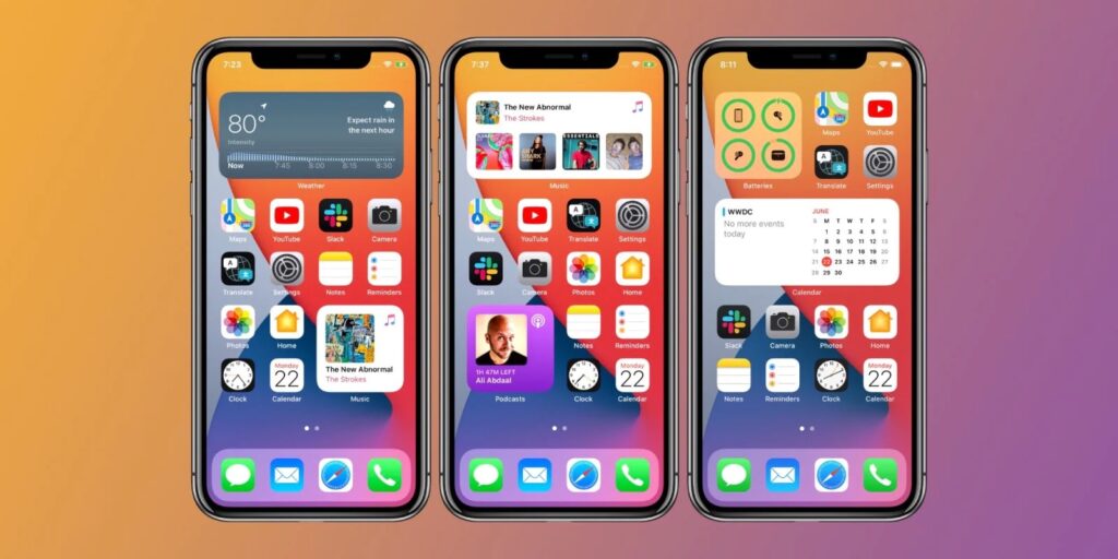 Three smartphones with different application layouts